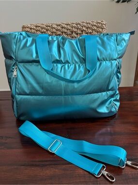 Tula Teal Puffer Weekender Bag Shoulder Strap And Top Handle